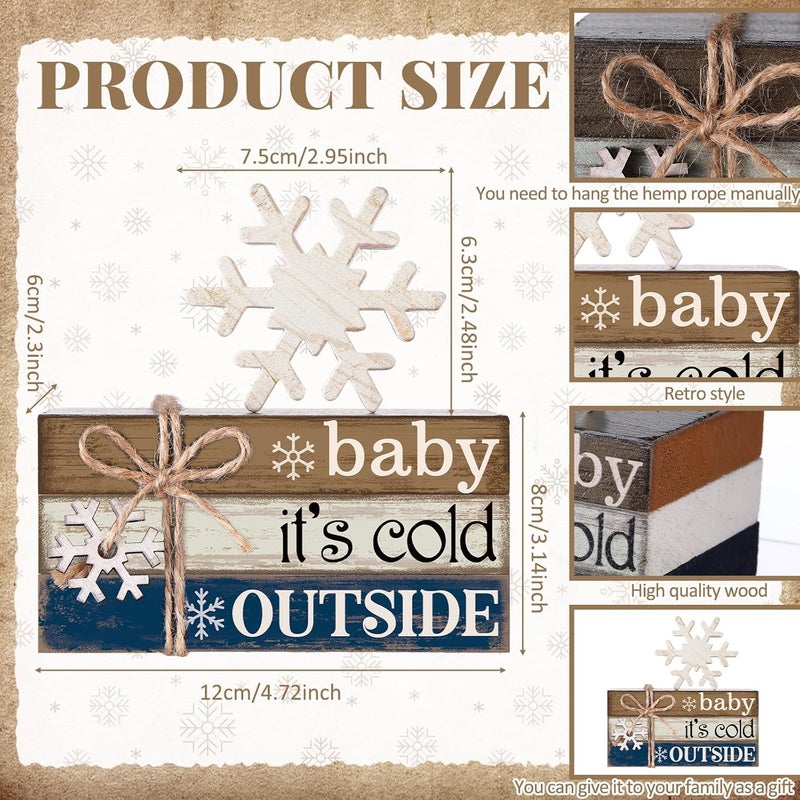 Anglechic 4 Pcs Winter Home Decor Winter Table Decorations Christmas Tiered Tray Decor Centerpiece Decorations Indoor Rustic Wooden Snowflake Block Sign Gift Farmhouse for Kitchen Shelf - Image 4